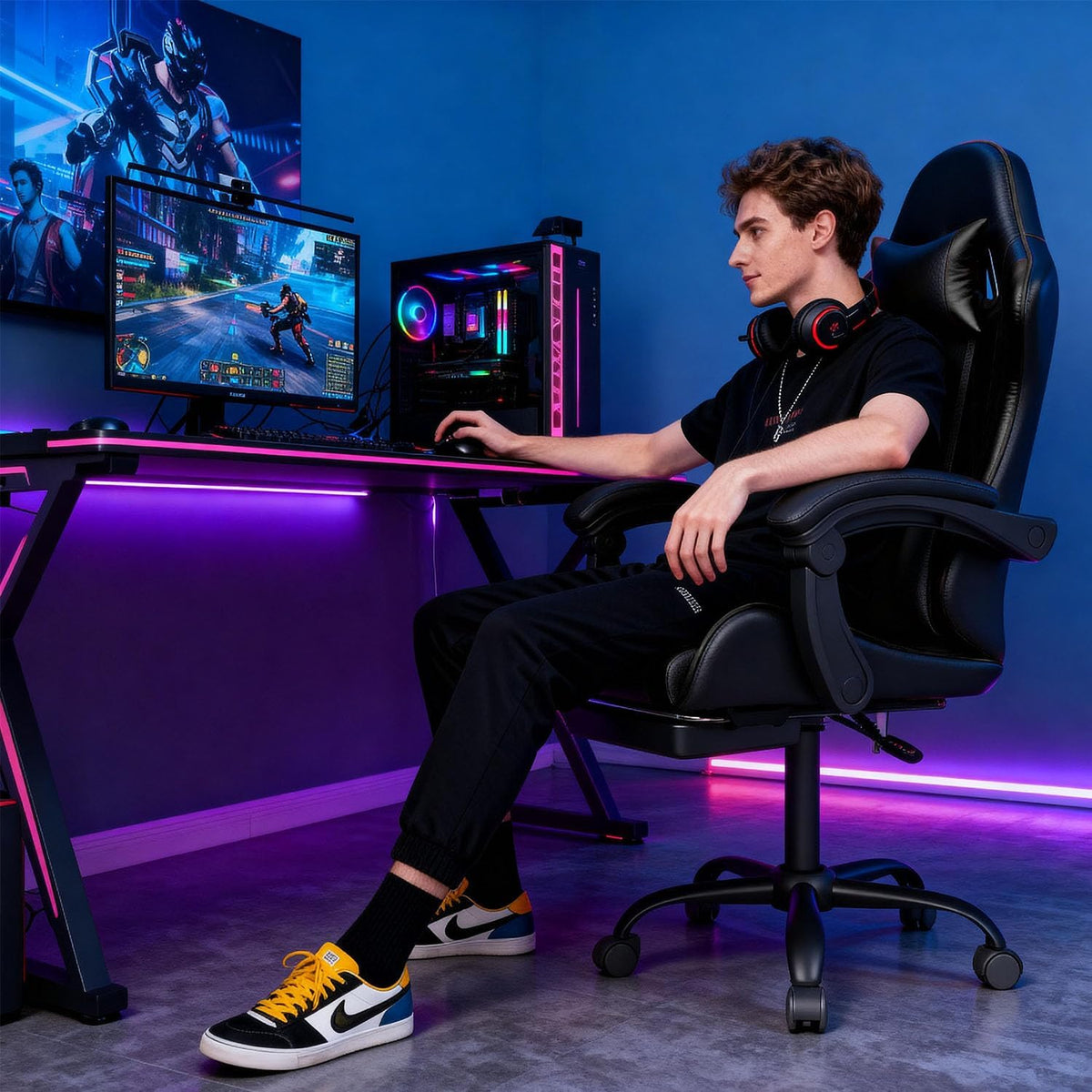 Black High‑Back Gaming Chair with Footrest