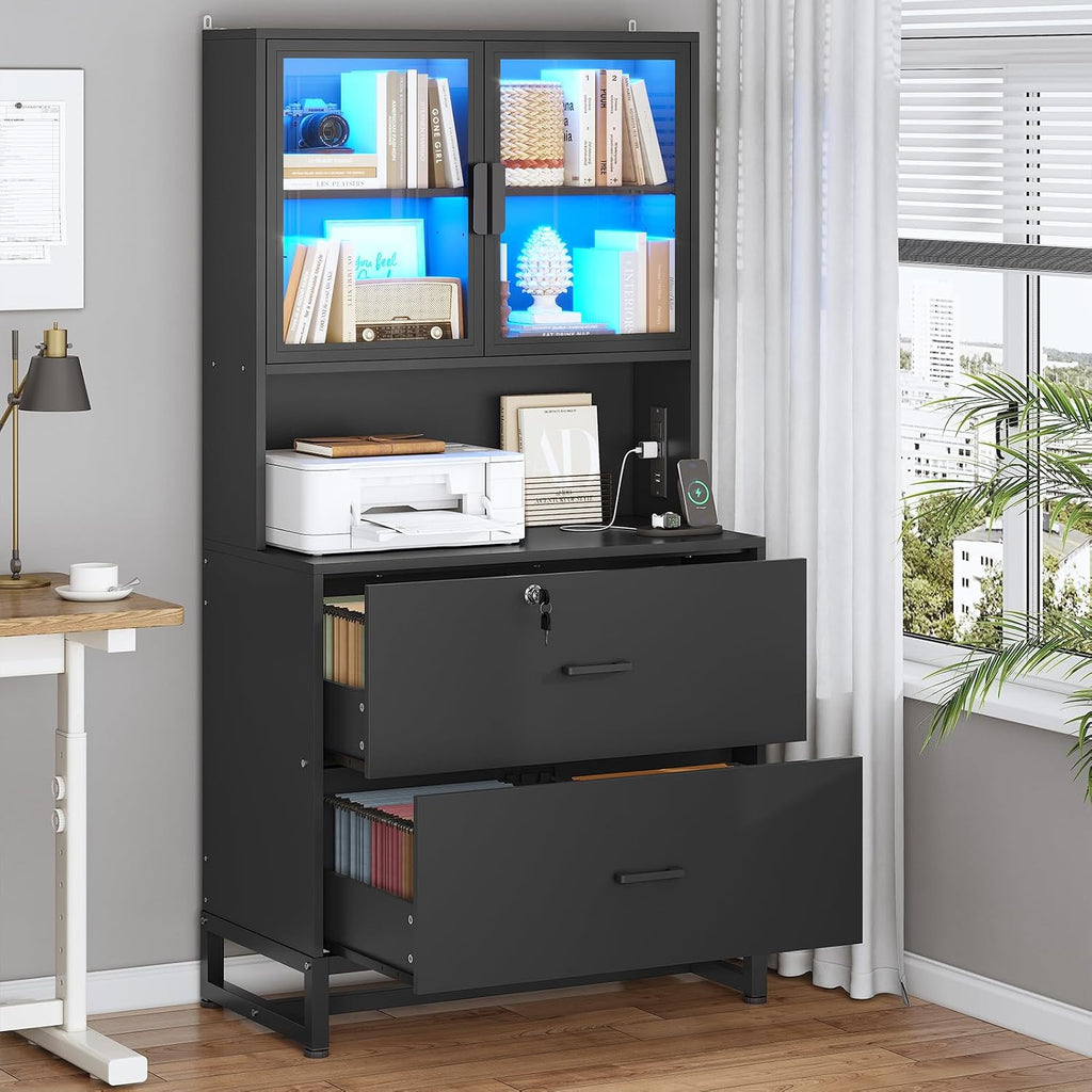 Black Lockable File Cabinet with Charging Station