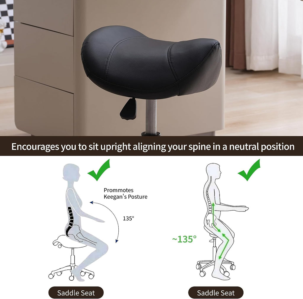 Black Adjustable Rolling Swivel Saddle Stool