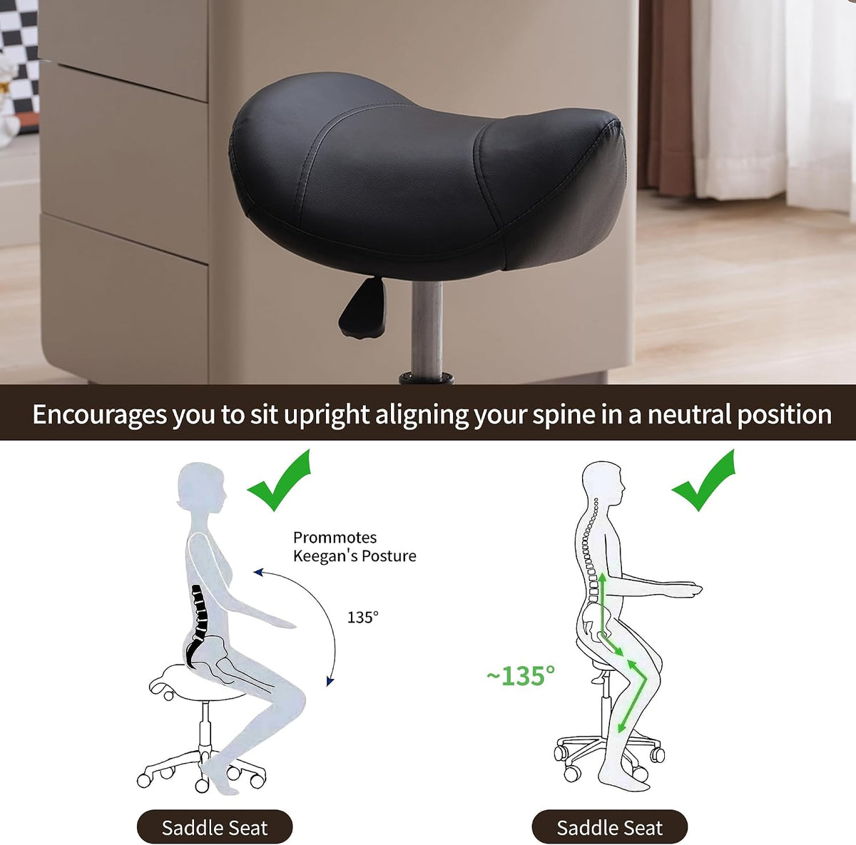 Black Adjustable Rolling Swivel Saddle Stool