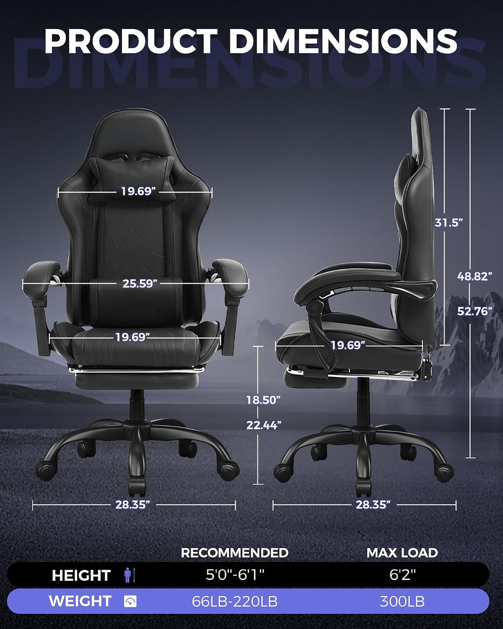 Black High‑Back Gaming Chair with Footrest