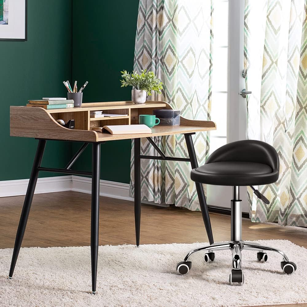 Black Adjustable Swivel PU Rolling Stool with Backrest