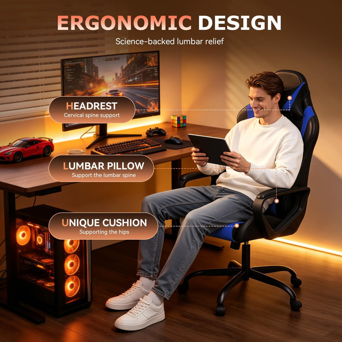 Blue Ergonomic High‑Back Gaming Chair