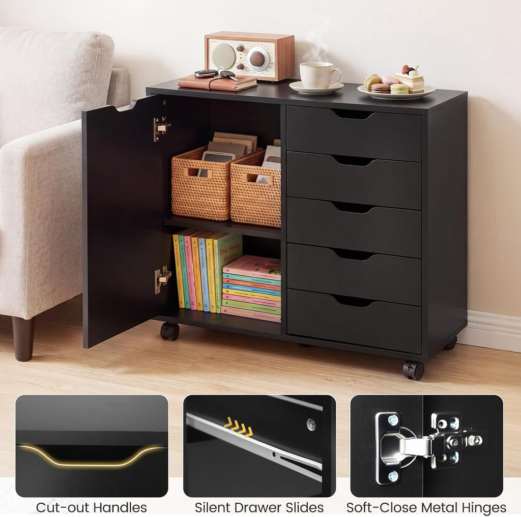 Black Mobile 5‑Drawer Lateral File Cabinet
