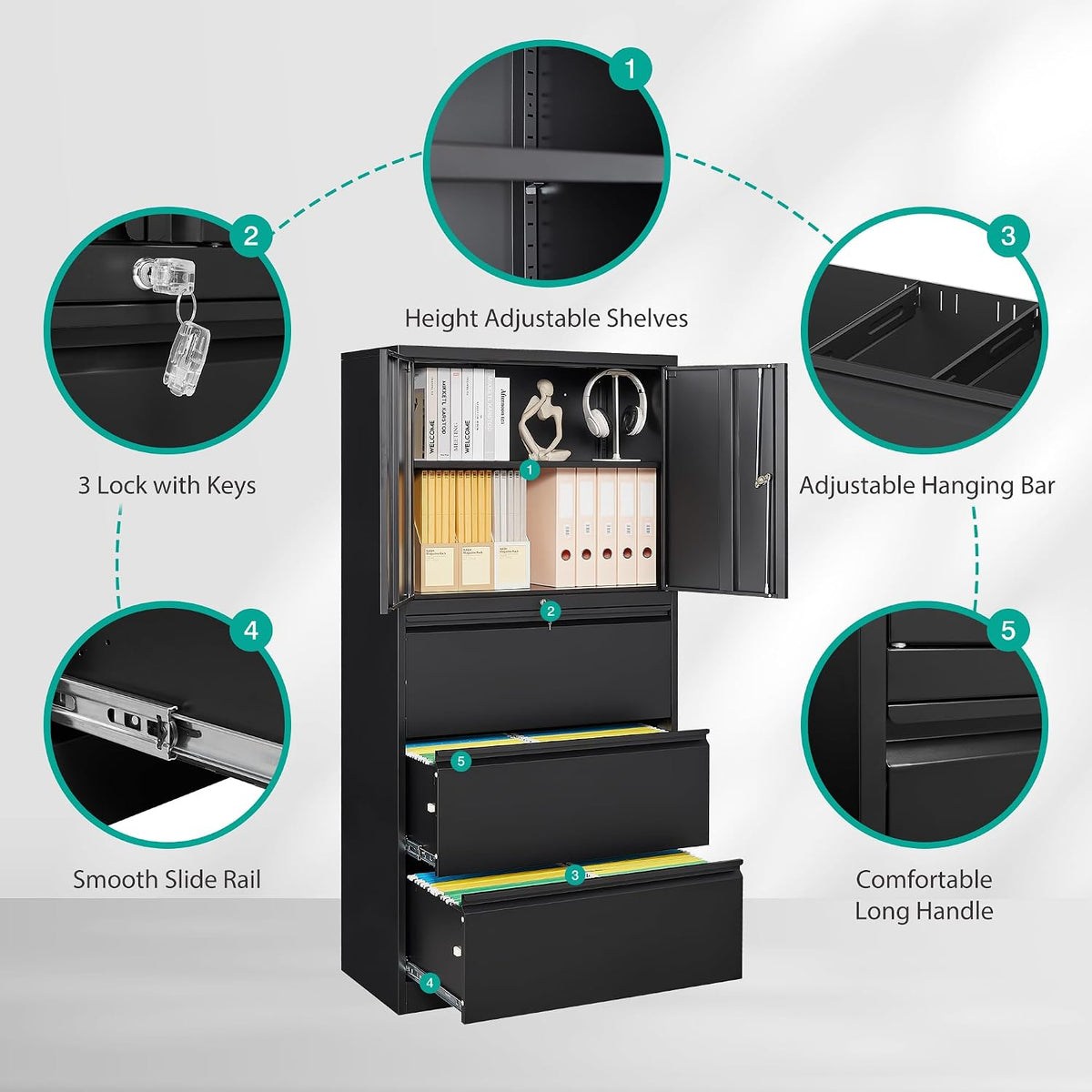 White 3‑Drawer Lockable Lateral File Cabinet with Shelf