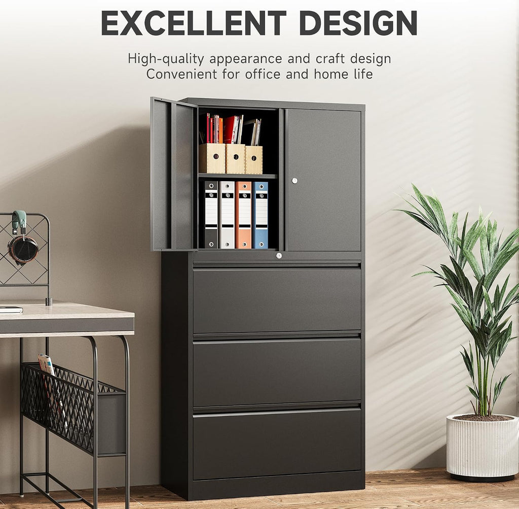 White 3‑Drawer Lockable Lateral File Cabinet with Shelf