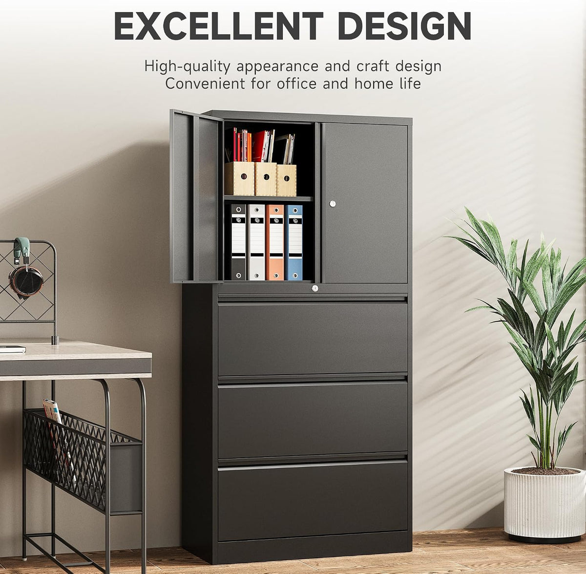 White 3‑Drawer Lockable Lateral File Cabinet with Shelf