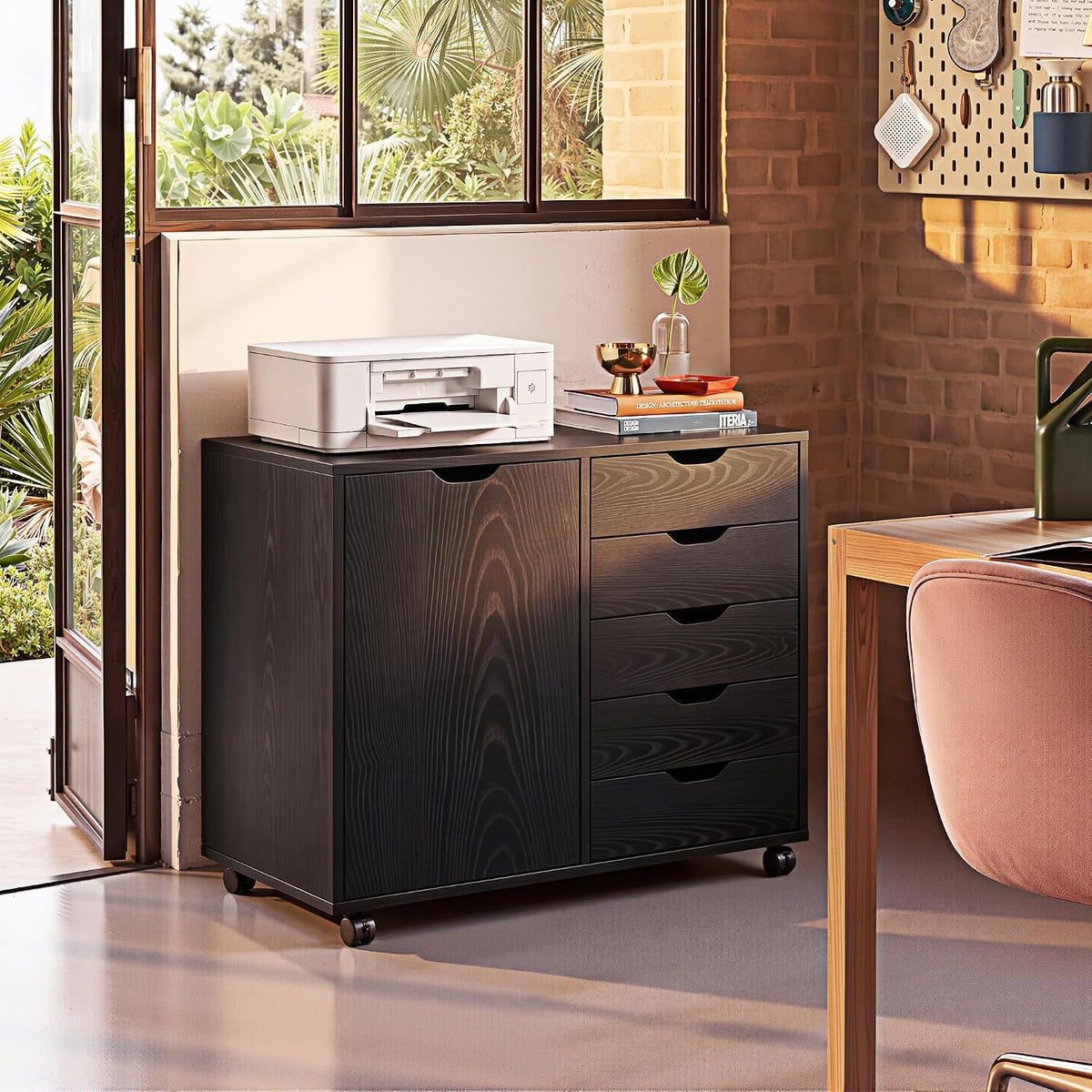 Black 5‑Drawer Wood Office Storage Cabinet