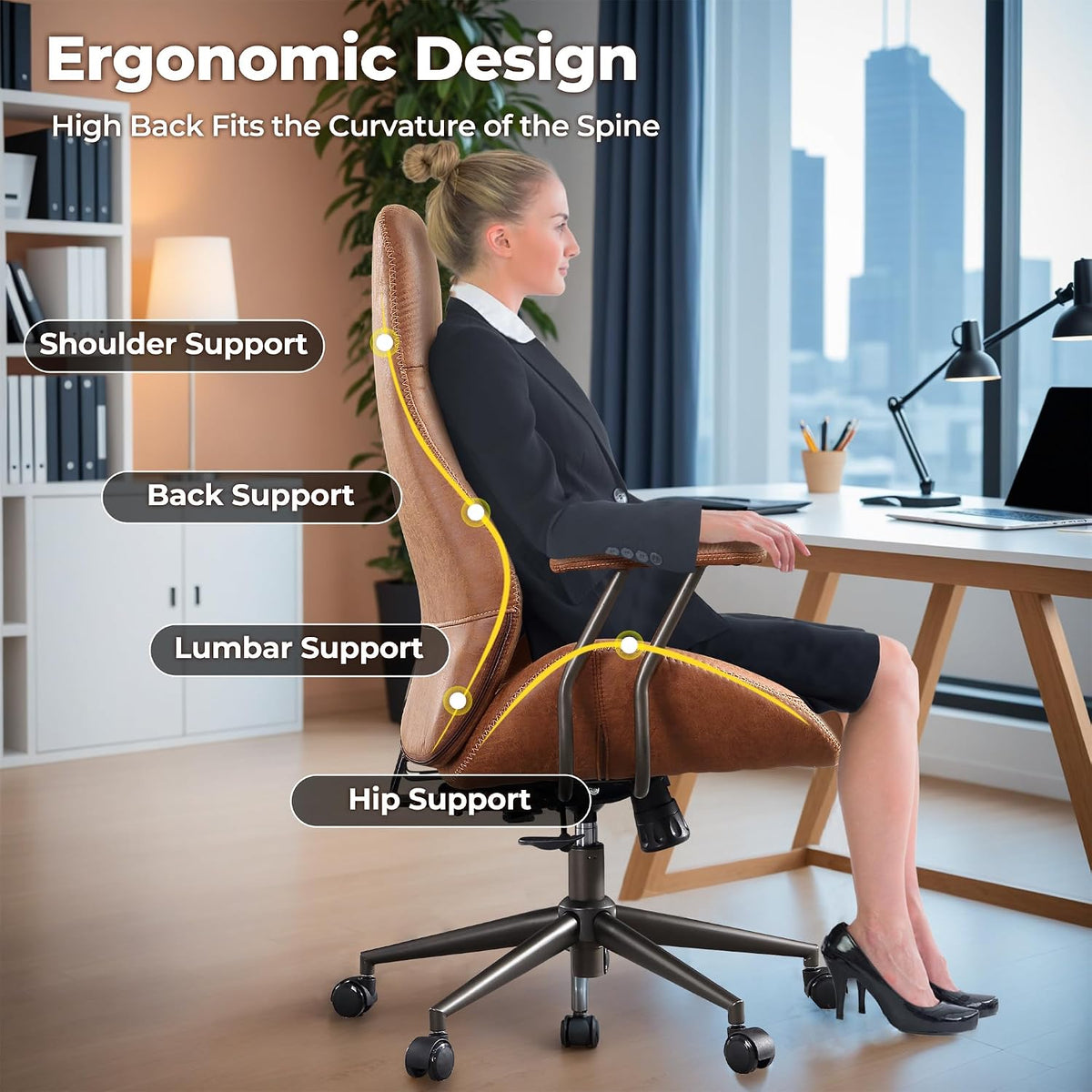 Black High‑Back Faux Suede Ergonomic Office Chair