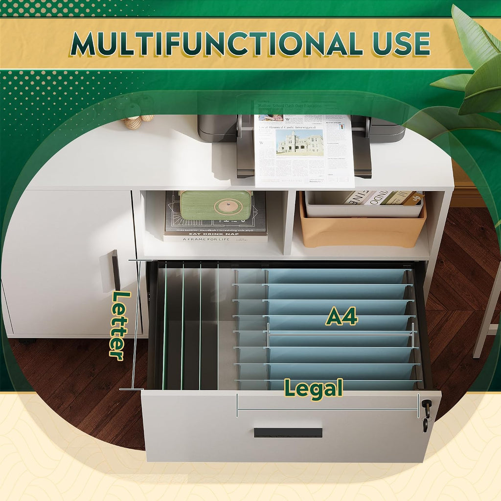 White Mobile 1‑Drawer Lateral File Cabinet with Lock