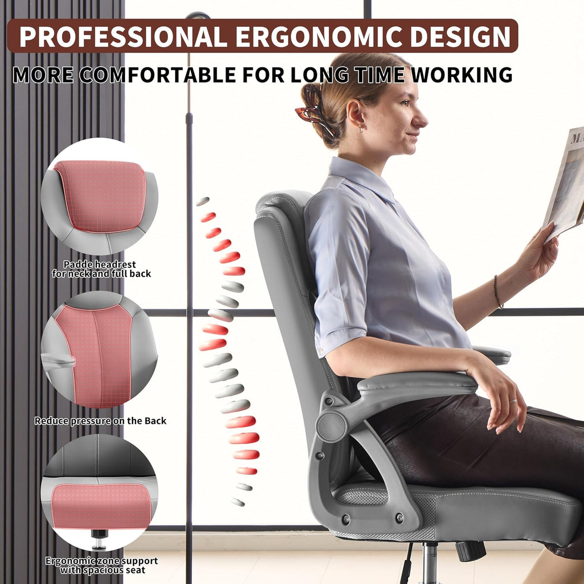 Black PU Leather Office Chair with Flip‑Up Arms