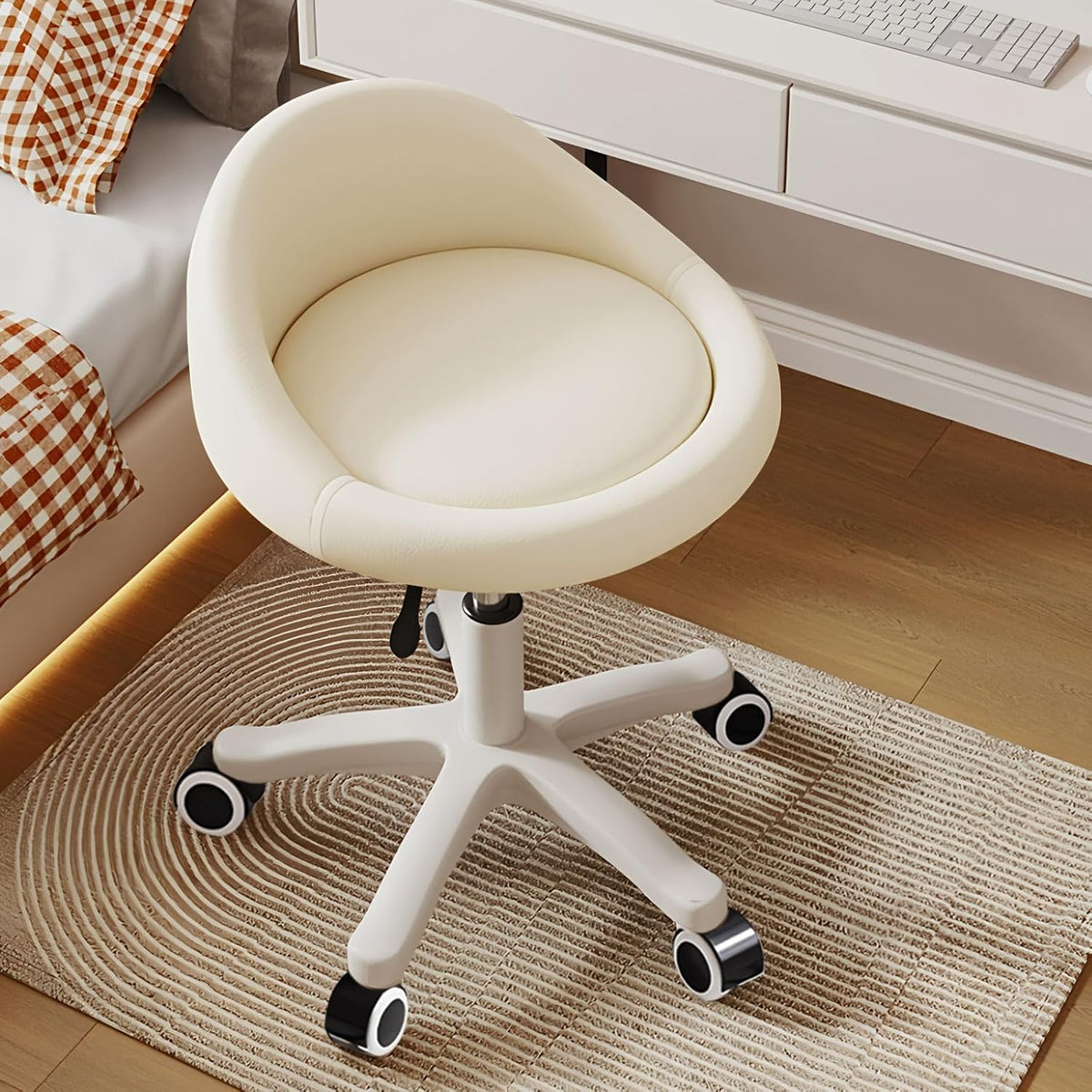 Beige Adjustable Ergonomic PU Leather Rolling Stool