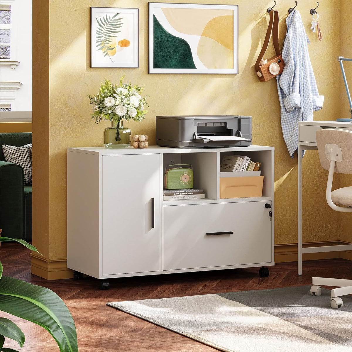 White Mobile 1‑Drawer Lateral File Cabinet with Lock