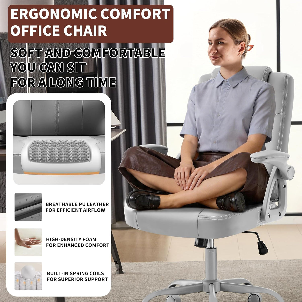 Black PU Leather Office Chair with Flip‑Up Arms