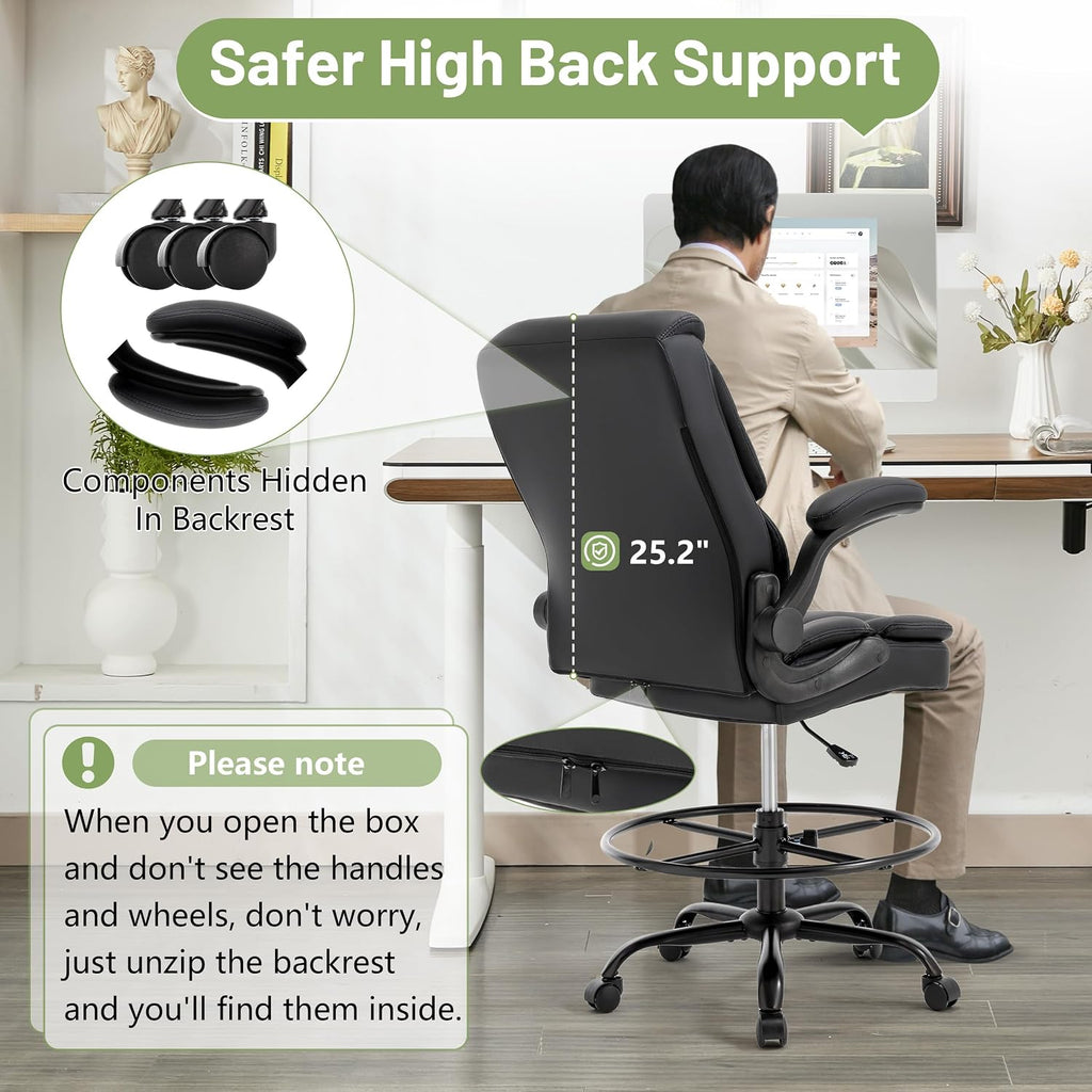 Black High‑Back PU Leather Drafting Chair 500LBS