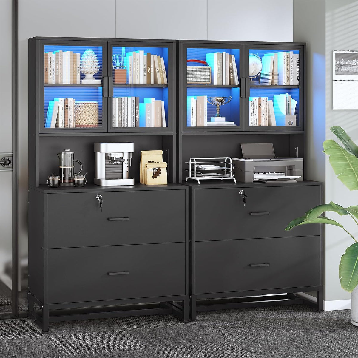 Black Lockable File Cabinet with Charging Station