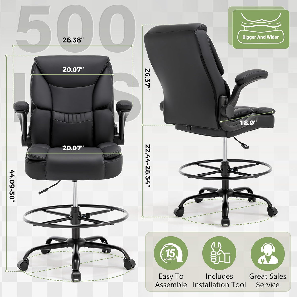 Black High‑Back PU Leather Drafting Chair 500LBS