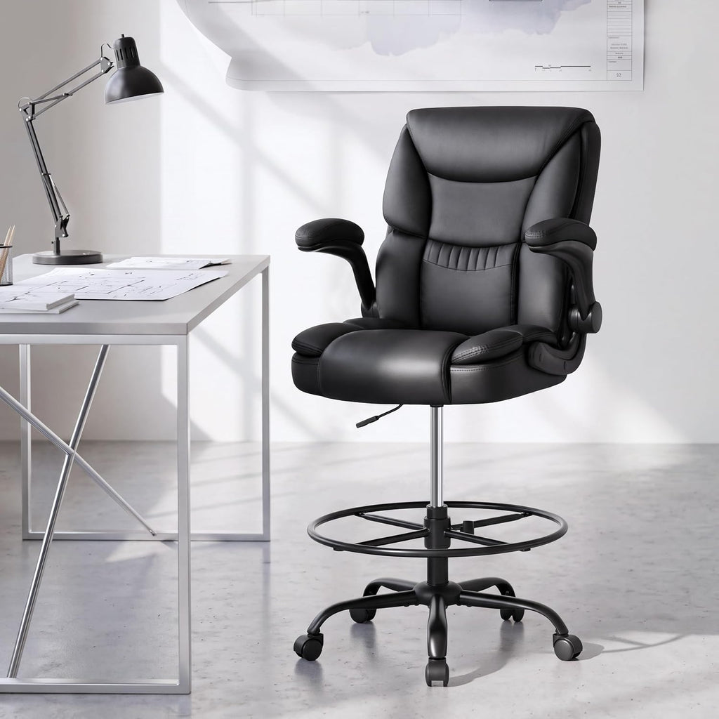 Black High‑Back PU Leather Drafting Chair 500LBS