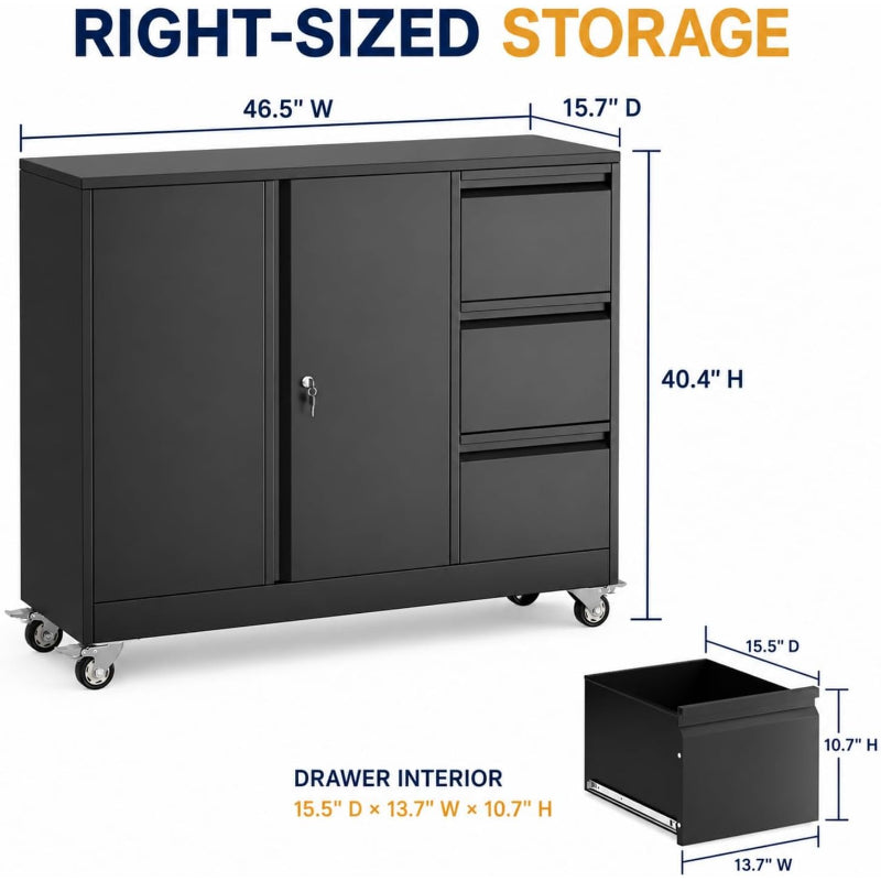 Black Mobile 3‑Drawer File Cabinet Printer Stand