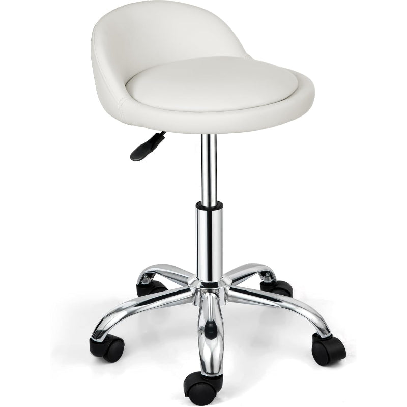 White Adjustable Rolling Swivel Salon Stool with Wheels