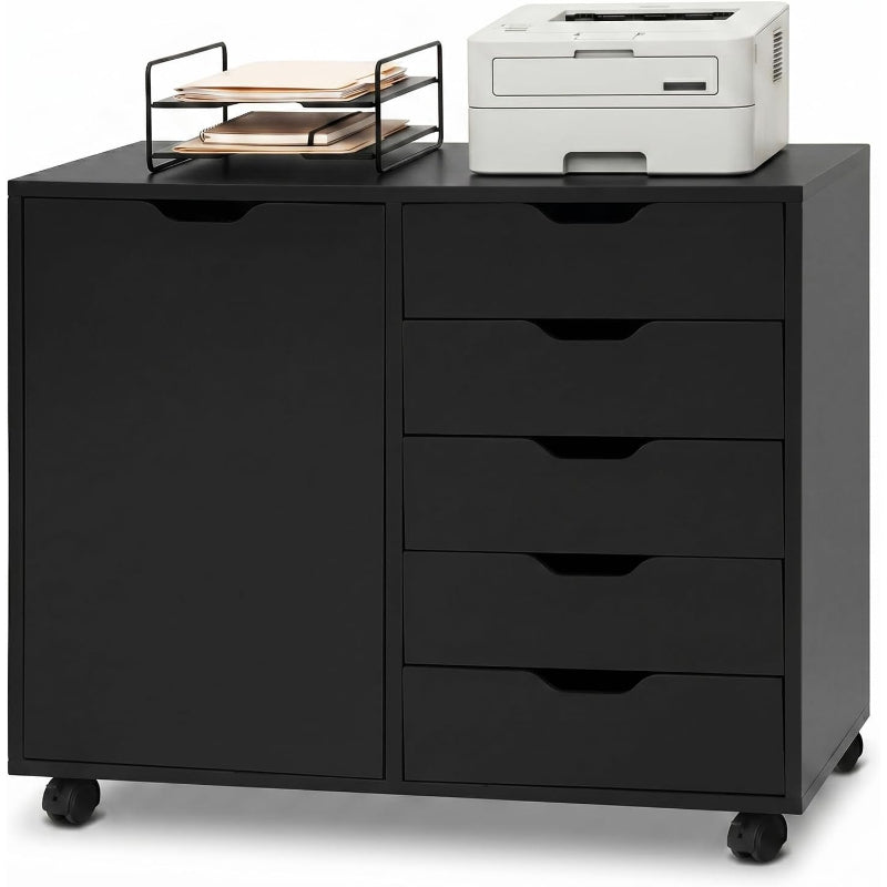 Black Mobile 5‑Drawer Lateral File Cabinet