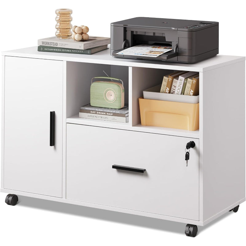 White Mobile 1‑Drawer Lateral File Cabinet with Lock